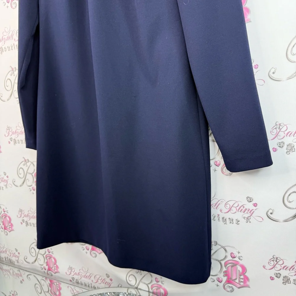 Calvin Klein dress ribbon bow tie up neck detail gold zipper Navy Midi Dress - Picture 3 of 13